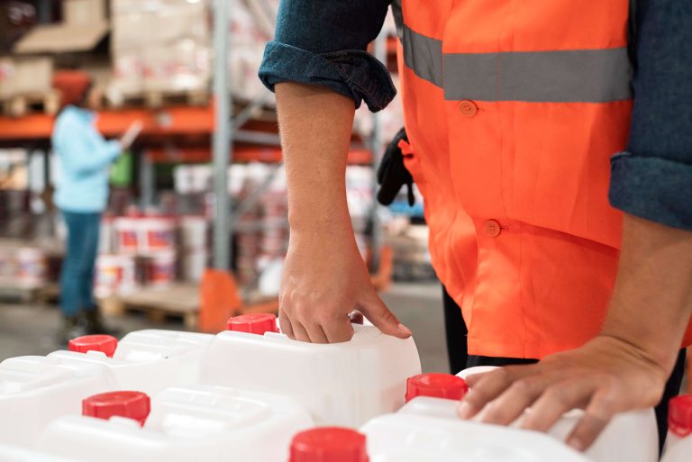 man taking chemical products in a jug for industrial use