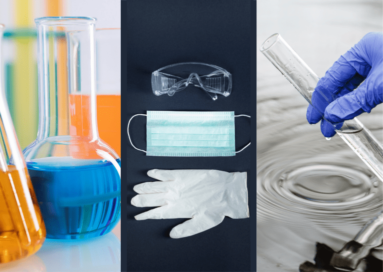 Solvents, Water supply chemicals and laboratory glassware with safety goggles in a laboratory setting